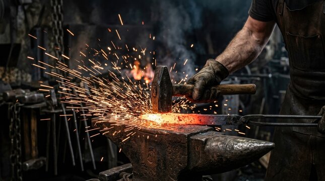 Blacksmith metal craft: strike anvil, glow iron, heat spark, shape tool, work glove, bend steel, hit hammer, forge flame, burn coal, heavy arm, smelt mineral, create object, manual labor.