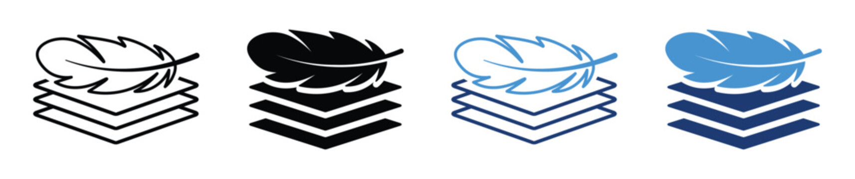 Feather on stacked fabric layers icon set, lightweight soft material symbol for bedding, textile, clothing, cosmetic pads, breathability and comfort. Vector illustration 