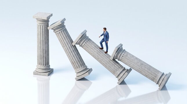 Businessman Walking Up Falling Stone Pillars Representing Corporate Risk, Economic Crisis, and Business Resilience Metaphor in Professional 3D Render Illustration Over Light Background