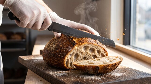 Fresh hot artisan sourdough bread round loaf being sliced with a serrated knife by hands on a flour dusted dark wooden cutting board in rustic atmospheric bakery morning lighting