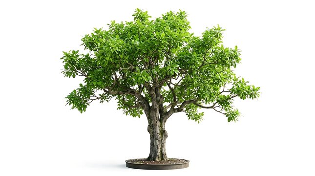 A lush green tree with vibrant leaves and a sturdy trunk, isolated on a clean white background