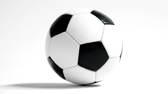 Black and white soccer ball rotating on a bright white background, sports and games concept