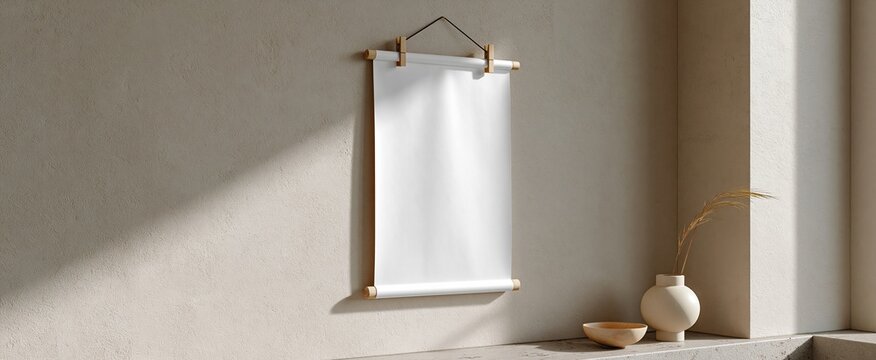 A blank poster secured by wooden clips against a textured beige wall, showcasing neutral hues and minimalist style.