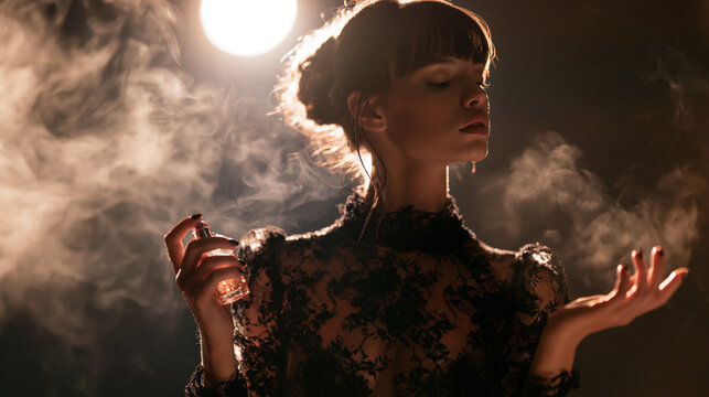 Elegant woman spraying perfume in dramatic smoke lit evening portrait wearing black lace