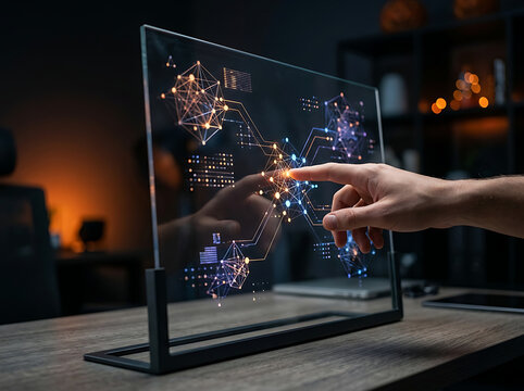 Hand touching futuristic transparent glass screen with holographic network diagram and glowing digital data visualization in dark room