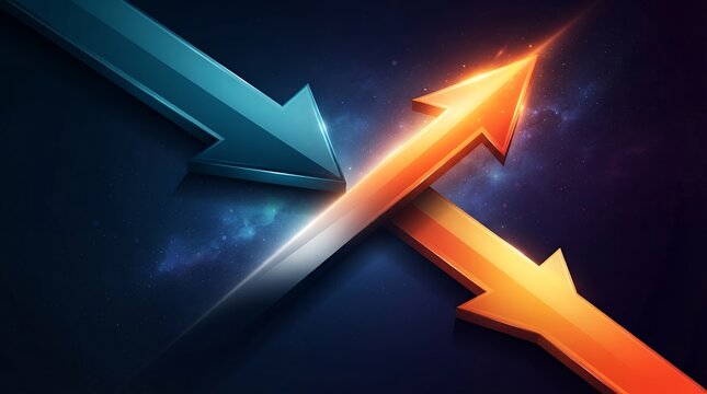 Dynamic glowing arrows in opposition, orange and blue 3D arrows clashing, cinematic abstract concept of conflict and competition