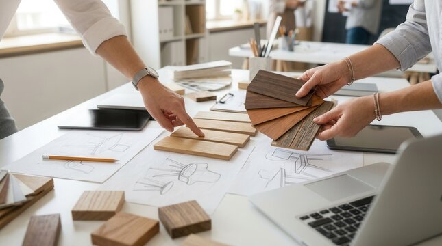 Professional interior designer showing sustainable wooden material samples for home decor projects