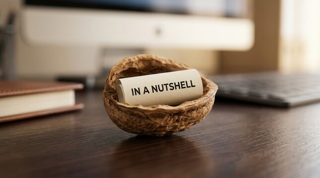 Business concept of concise messaging featuring a walnut shell and in a nutshell text on a desk surface.