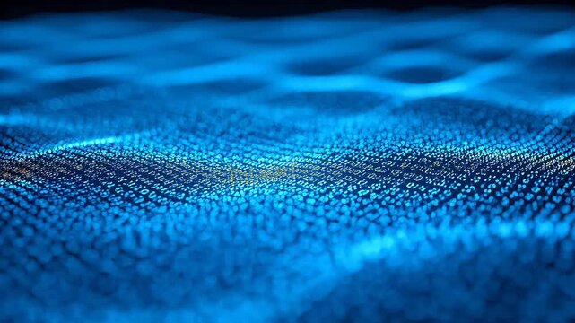 Digital data wave with blue dots and binary characters on dark background