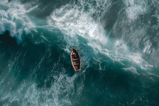 a small boat is in the middle of a large wave