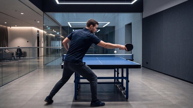 A focused man in a modern office interior playing a dynamic game of table tennis
