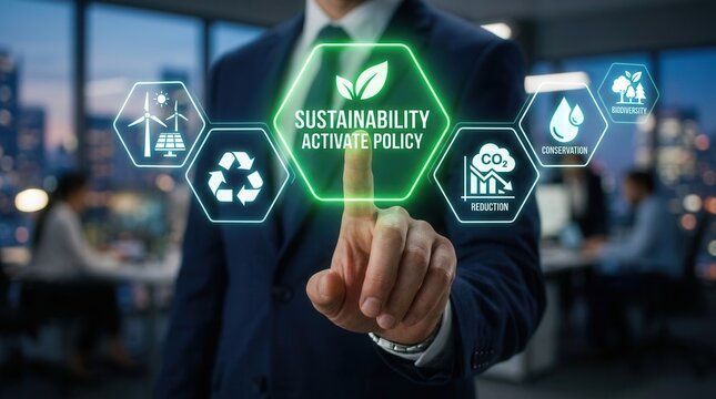 A hand touching a sustainability policy button within an environmental management systems interface.