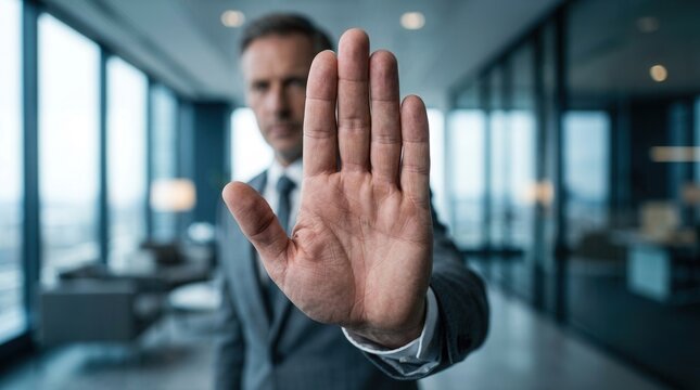 A businessman performs a stop hand gesture to symbolize rigid behavior and a lack of flexibility in a corporate setting.