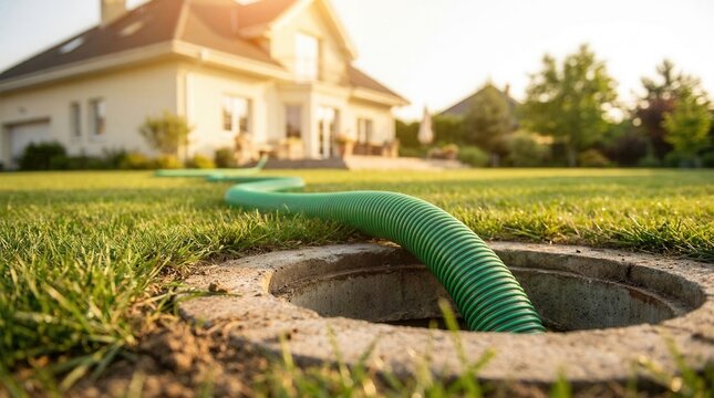 A green corrugated hose descends into an open manhole on a residential lawn for sewer cleaning.