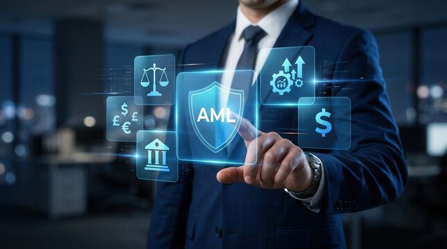 Business professional interacting with a digital AML interface to ensure financial security and regulatory adherence.
