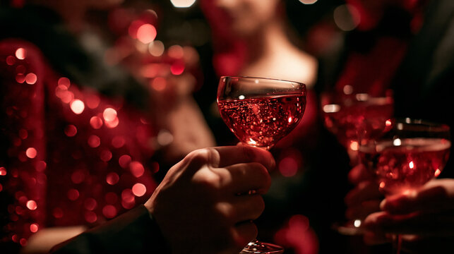 Friends toasting with sparkling red cocktails at a festive night party celebration