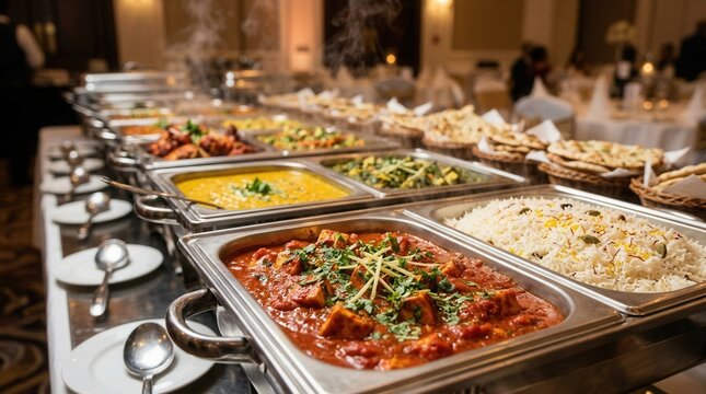 Rows of stainless steel chafing dishes filled with steaming Indian curries and rice at a buffet.