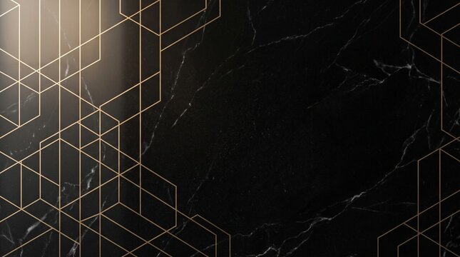 Elegant black marble background with gold geometric patterns.