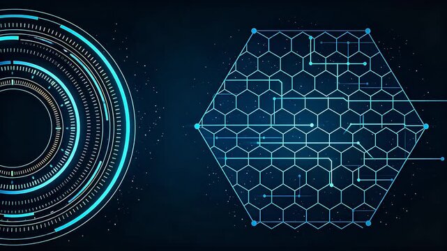 Futuristic digital interface with circular gauge and hexagonal grid on starry background