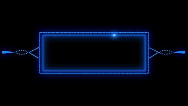 Blue neon rectangle with dotted border and abstract shapes on black image photo