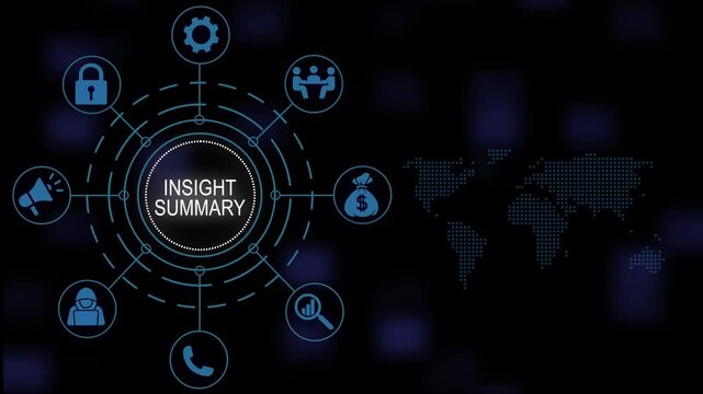 Comprehensive business insight summary and global analytics interface concept featuring digital hud network corporate communication and modern data visualization