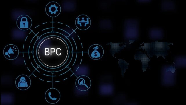 Futuristic digital concept infographic animation with bpc abbreviation text central node and interactive business technology network connected around a global map background