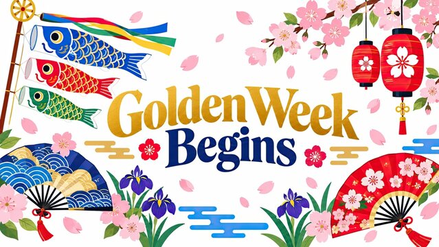 Colorful Japanese-inspired Golden Week Begins greeting card with carp streamers, lanterns, fans, flowers, and bold decorative lettering.