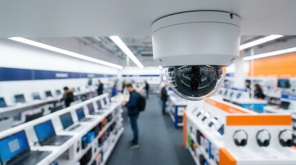Obraz premium Surveillance monitoring system featuring a dome security camera overlooking an electronics department.