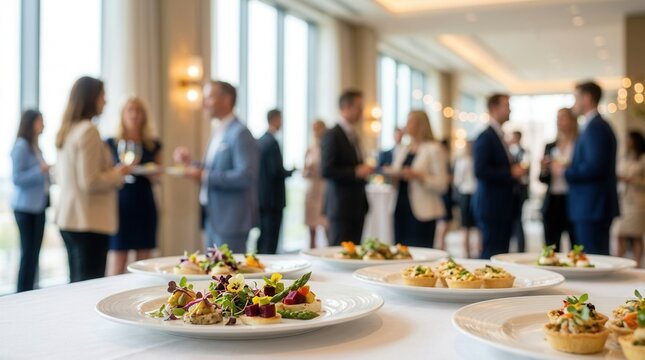 Blurred guests mingling during a professional business cocktail party with catering.