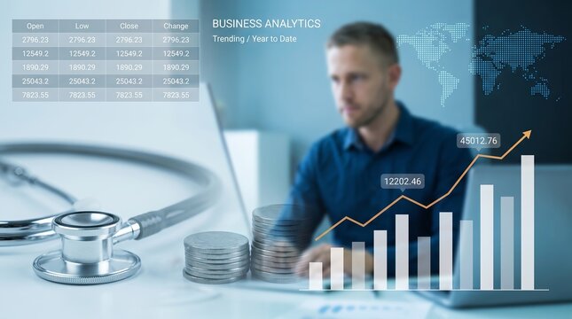 Healthcare business professional analyzing medical financial data and profit growth projections in a clinic office with medical finance healthcare investment medical industry