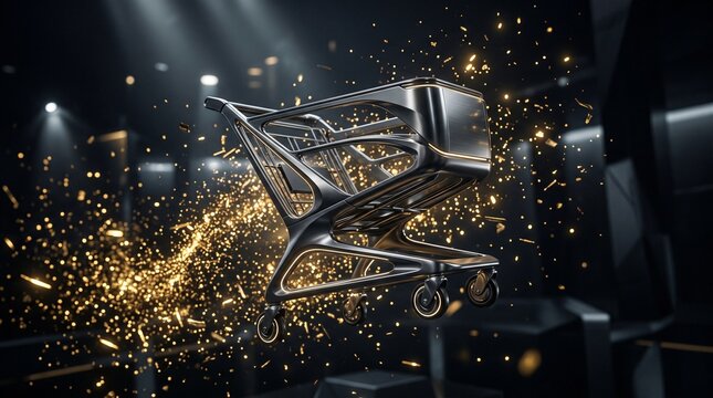 Futuristic metallic shopping cart floating in a dark space with golden sparks