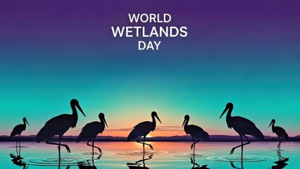 Fototapeta premium Silhouetted Cranes at Sunset Over Reflective Wetlands
