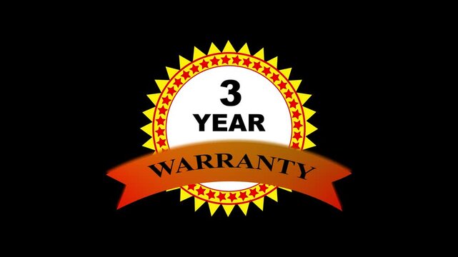 3 year warranty badge animation, gold seal label for product guarantee and customer satisfaction, isolated on black background