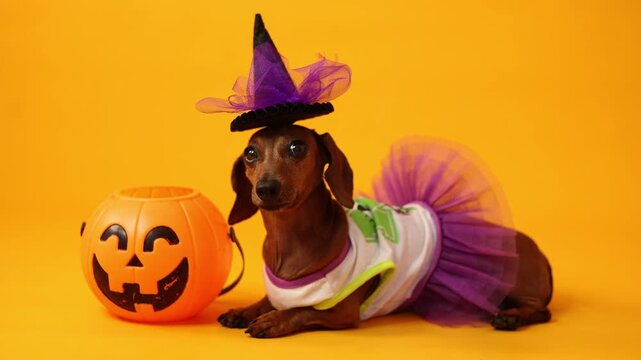 dachshund dog in a witch costume on a yellow background, Halloween. space for text	