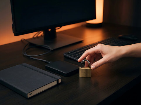 Hand Placing a Metal Padlock Next to an External Hard Drive on a Dark Desk for Cybersecurity and Data Protection Concept