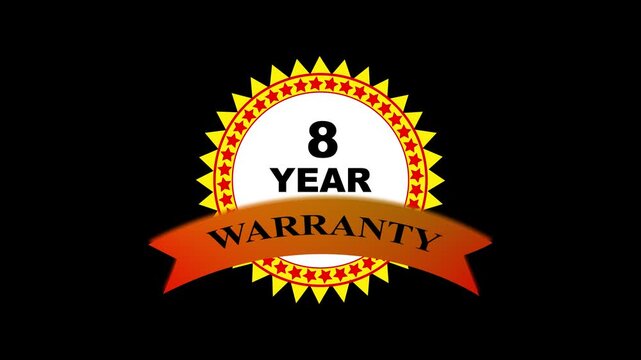 8 year warranty badge animation, gold seal guarantee label for business marketing and product promotion