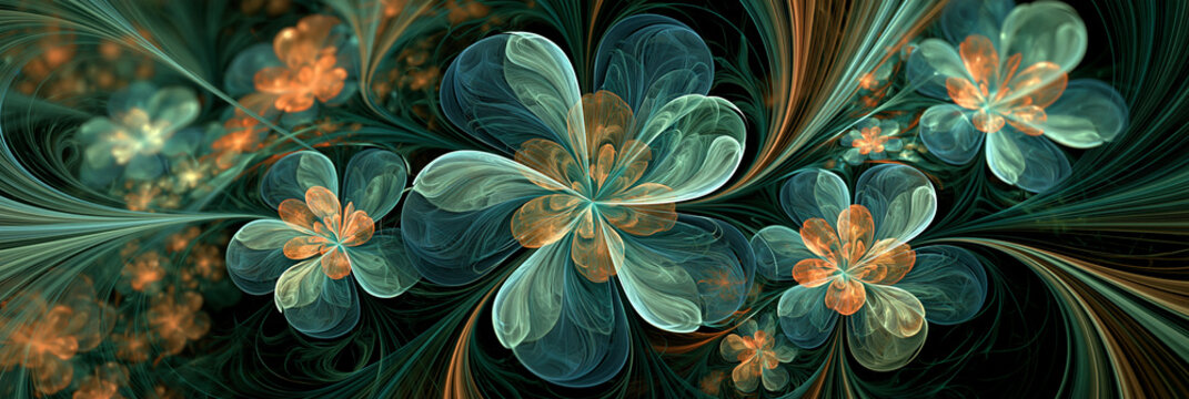 Abstrakte fraktale Blumen in Gr&uuml;n, T&uuml;rkis und Orange auf schwarzem Hintergrund, digitale Kunst, f&uuml;r Website-Banner, Plakate und Pr&auml;sentationshintergr&uuml;nde.