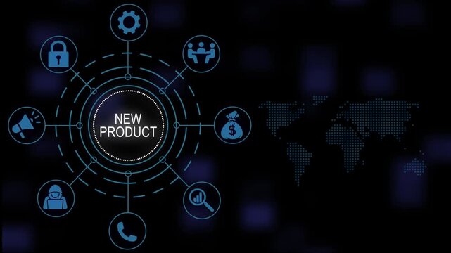 Comprehensive new product launch strategy infographic animation featuring digital map and connected corporate demonstrating modern business development and global marketing solutions