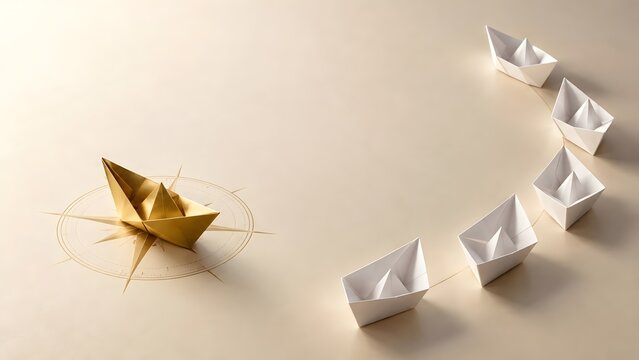Golden Paper Boat on Compass Rose Leading White Origami Boats Along Curved Path for Business Leadership and Guidance