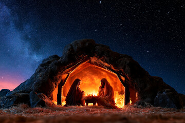Obraz premium Nativity Scene Under Starry Night Sky with Glowing Stable