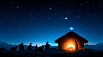 Fototapeta premium Nativity Scene Under Starry Night Sky with Glowing Stable