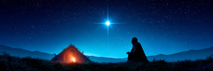 Obraz premium Nativity Scene Under Starry Night Sky with Glowing Stable