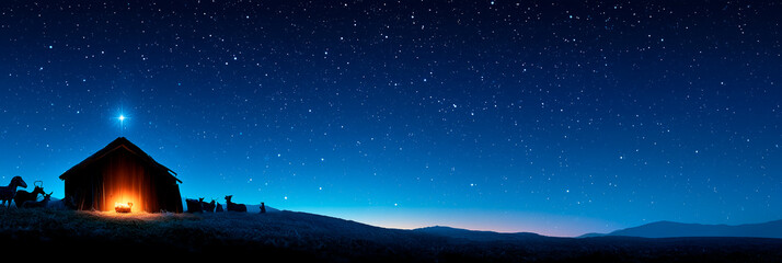 Obraz premium Nativity Scene Under Starry Night Sky with Glowing Stable