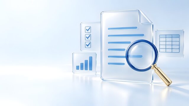 Magnifying Glass Inspecting Transparent Glass Document with Data Charts Checklist and Spreadsheet for Business Audit and Analytics