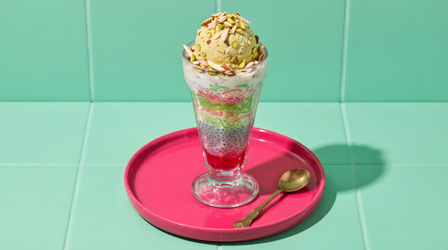 Kulfi served over faluda with basil seeds and pistachios, South Asian dessert