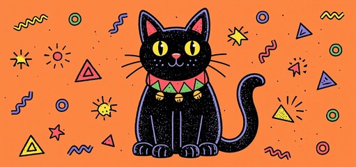 Naklejka premium An inviting black cat adorned with a festive collar set against a bright orange background, accented by lively geometric shapes for a joyful International Cat Day design.