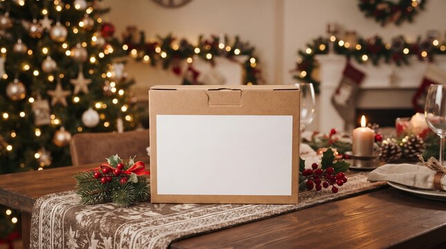 Blank cardboard delivery box with copy space on rustic wooden table with festive Christmas decor moo