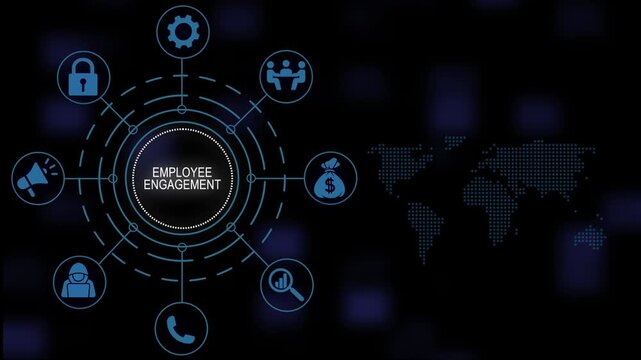 Comprehensive employee engagement corporate strategy animation featuring interactive digital network connections, human resources and global business communication concepts on dark background