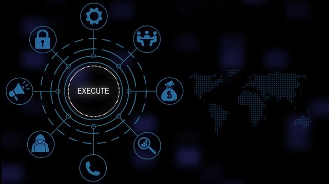Executive business strategy management concept with animated infographic digital map, networking and process optimization workflow for corporate success