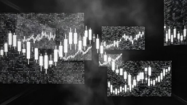 Abstract financial trading background with candlestick charts and data visualization floating in digital space